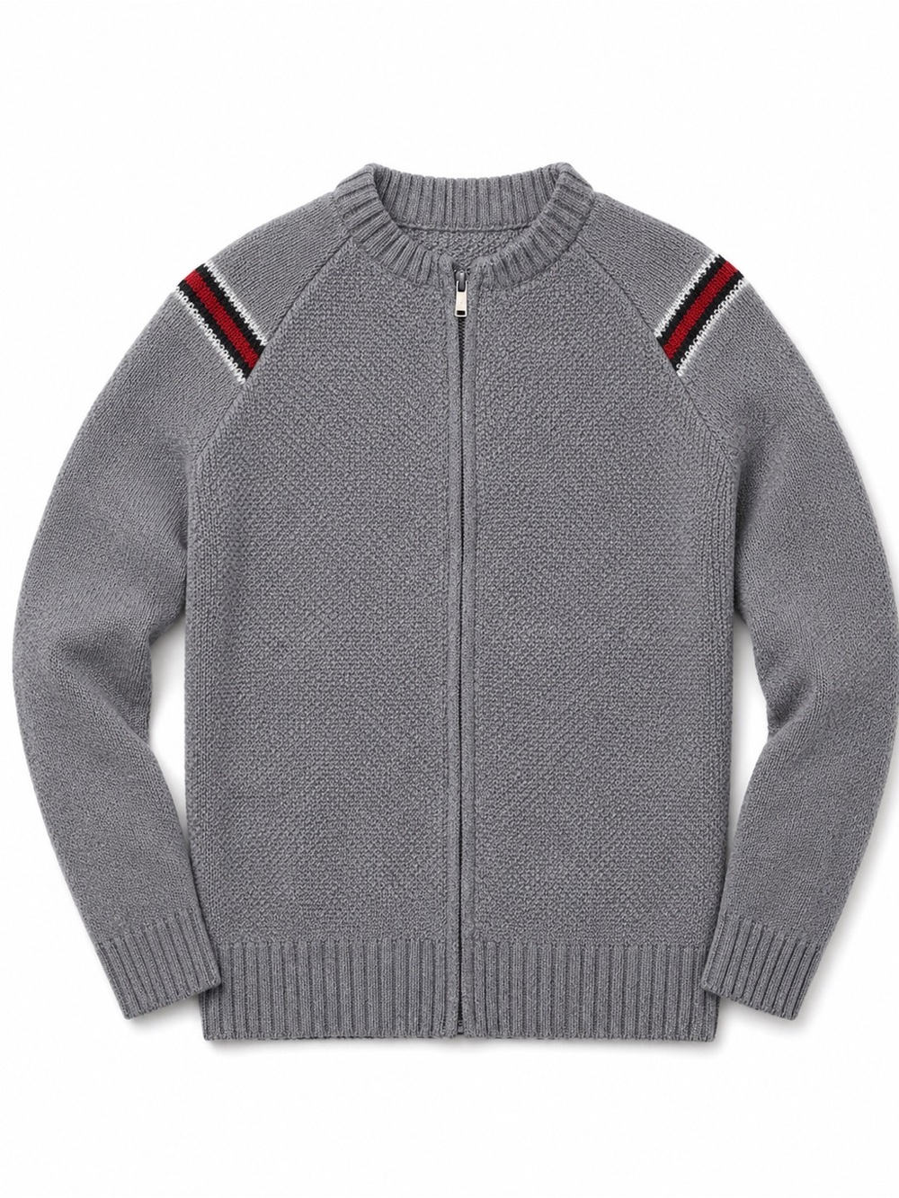 Gucci Gray Full-Zip Knit Sweater with Red and Black Shoulder Stripes
